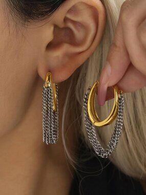 Two-Tone Chunky Hoop Earrings Hanging Layered Silver Chain Fringe Dangle Hoops